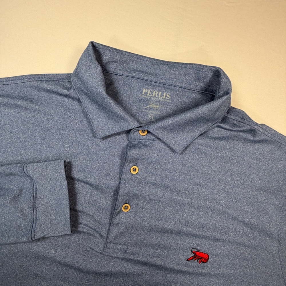 Perlis Mens XL Blue Heathered Crawfish Performance Long Sleeve Polo Shirt 0494
